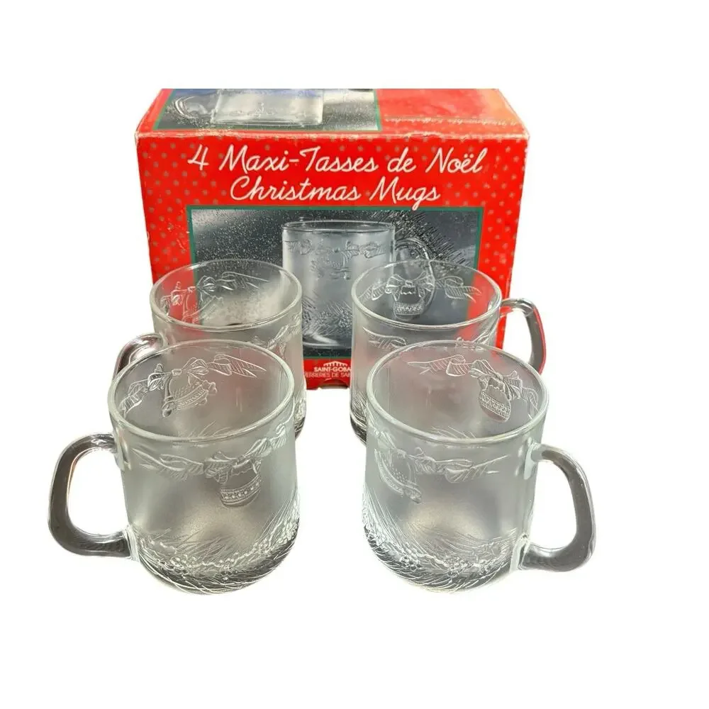 VTG Christmas Holiday Mugs (4) Duralex Saint-Gobain Maxi-Tasses De Noel Glass‎